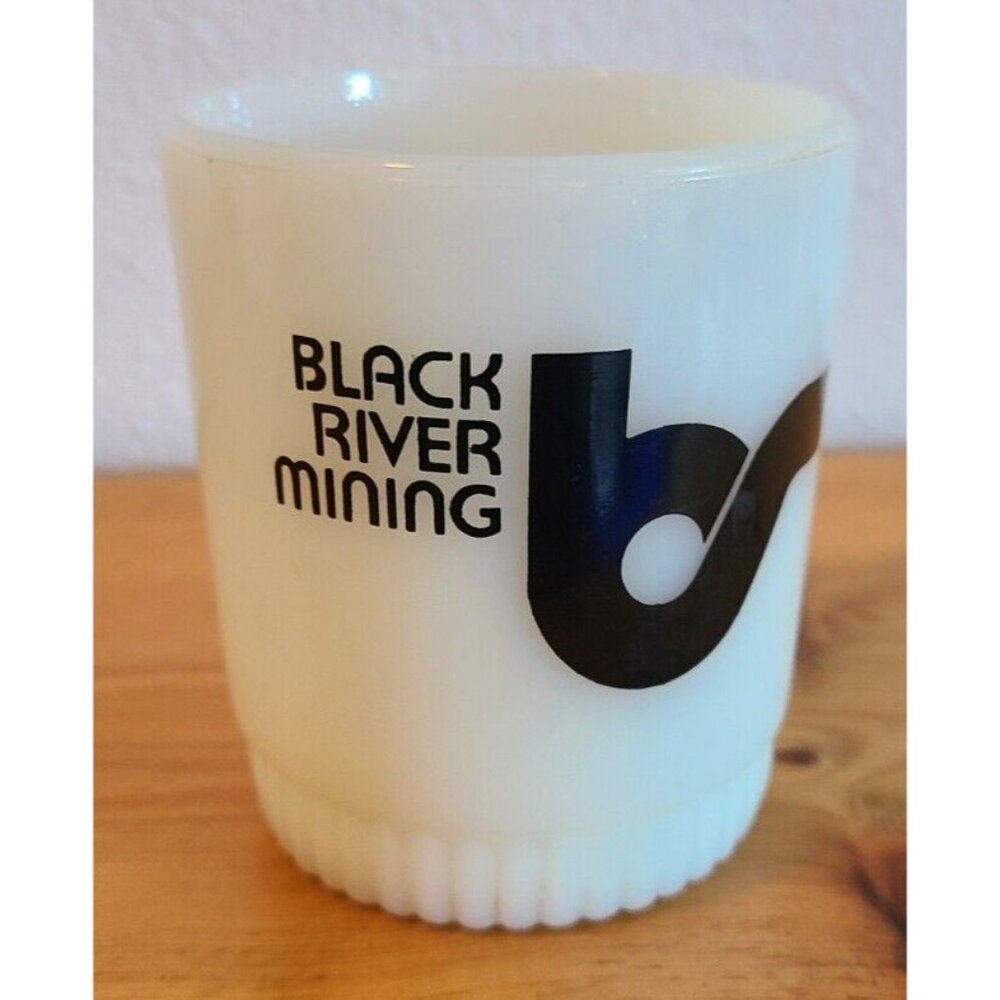 Vintage Anchor Hocking Fire King Milk Glass Advertisement Mug Black River Mining